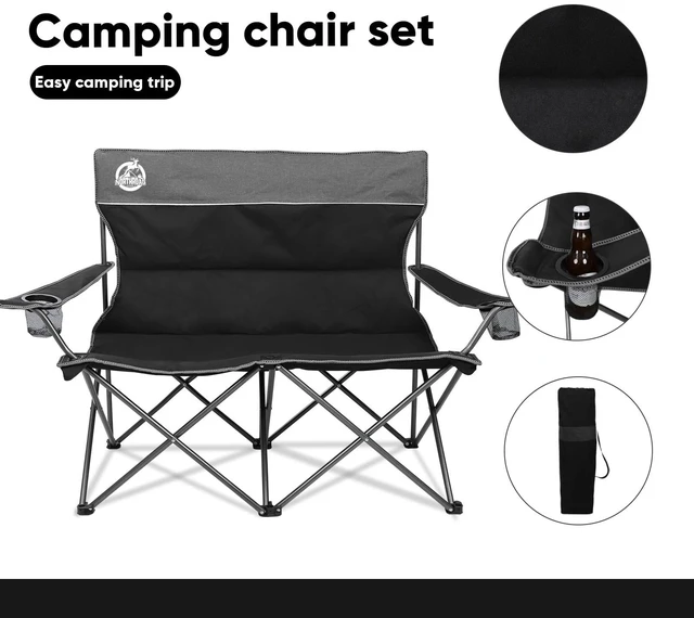 Alt view image 4 of 6 - Outdoor Camping Chair Set of 3,Folding Padded Camp Chair w/1 Sofa,2 Single Chairs,Collapsible Conversation Set for Family Patio, Beach (Black)