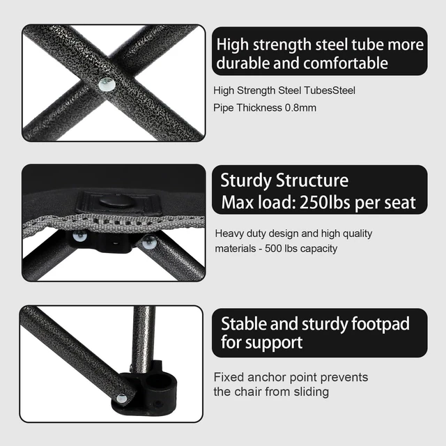 Alt view image 5 of 6 - Outdoor Camping Chair Set of 3,Folding Padded Camp Chair w/1 Sofa,2 Single Chairs,Collapsible Conversation Set for Family Patio, Beach (Black)
