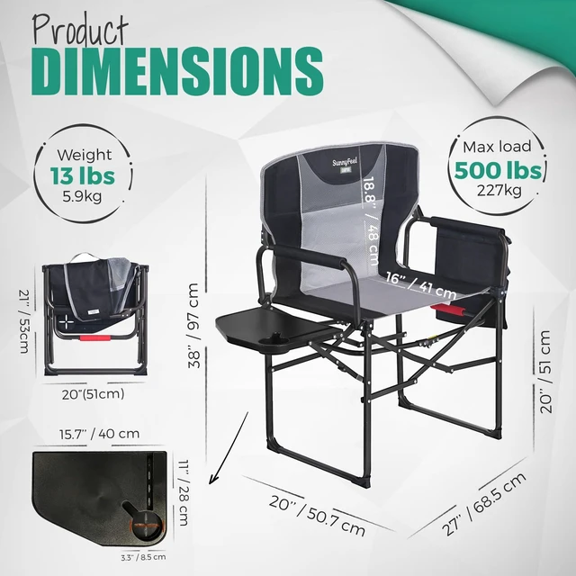 Alt view image 2 of 7 - Oversized Directors Camping Chair for Adults with Side Table | Portable Folding Chair 500LBS with Breathable Mesh Back, Cup Holder, Side Pocket & Carry Bag for Camping, Fish, Lawn, Beach