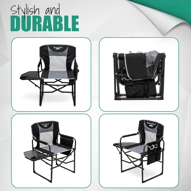 Alt view image 7 of 7 - Oversized Directors Camping Chair for Adults with Side Table | Portable Folding Chair 500LBS with Breathable Mesh Back, Cup Holder, Side Pocket & Carry Bag for Camping, Fish, Lawn, Beach