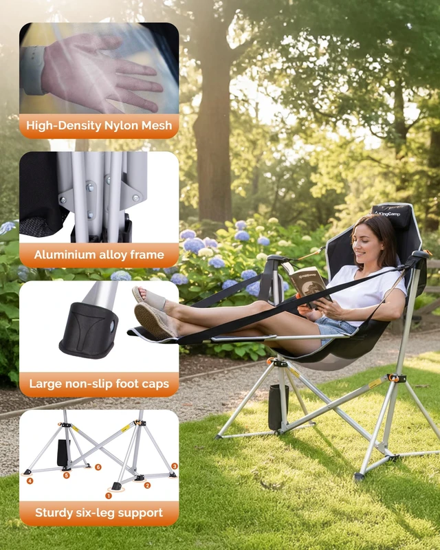 Alt view image 4 of 7 - Hammock Camping Chair with Footrest & Breathable Mesh Back 400 lbs | Oversized Swinging Camping Chair for Adults, Aluminum Heavy Duty Foldable Rocker, Portable for Beach, Outdoor, RV & Backyard