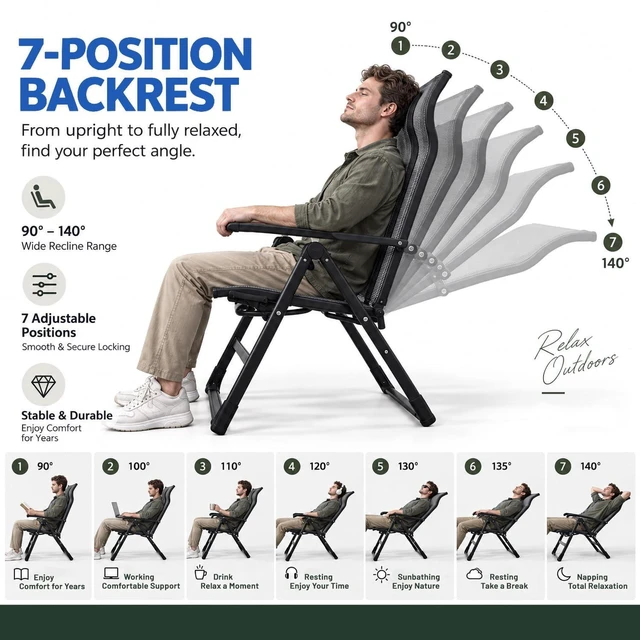 Alt view image 5 of 7 - Sports Zero Gravity Chair Recliner Lounge Chair with Foot Rest Gray | Ergo+ Heavy Duty Steel Folding Patio Chair w/ Headrest Adjustable Reclining Systerm for Camping, Lawn, Outdoor & Indoor