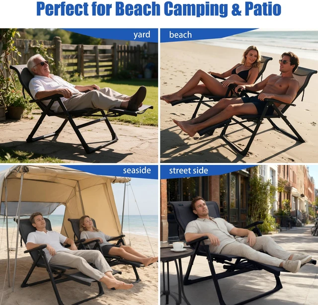 Alt view image 2 of 7 - Sports Zero Gravity Chair Recliner Lounge Chair with Foot Rest Gray | Ergo+ Heavy Duty Steel Folding Patio Chair w/ Headrest Adjustable Reclining Systerm for Camping, Lawn, Outdoor & Indoor