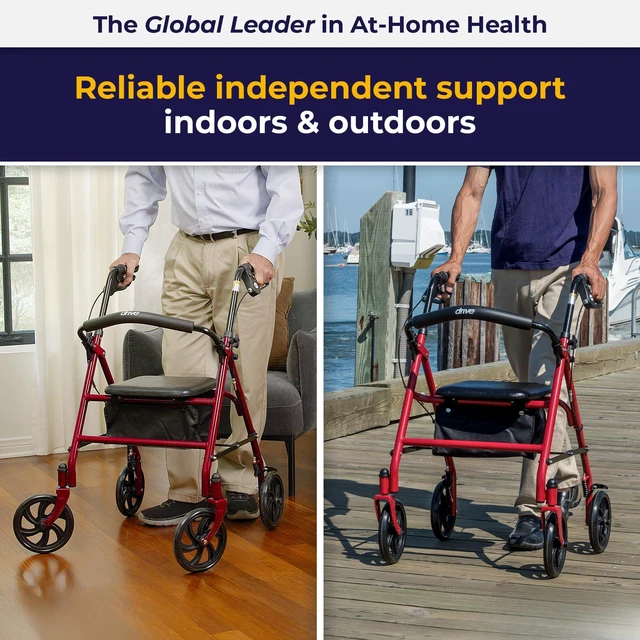 Alt view image 2 of 5 - Rollator Walker with Seat, 7.5 Inch Wheels, Red | Rollator Walker Offers Stable, Height Adjustable Mobility Support with Durable Steel Frame and Wheels