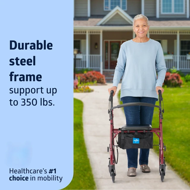 Alt view image 3 of 7 - Steel Rollator Walker with Seat, Burgundy, 350 lb. Weight Capacity, 6 Wheels, Foldable, Adjustable Handles, Rolling Walker for Seniors, Walker for Mobility Impaired