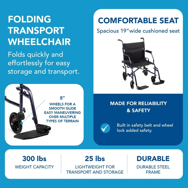 Alt view image 2 of 7 - Transport Wheelchair With 19 inch Seat, Folding Transport Chair with Foot Rests, Foldable Lightweight Wheelchair Foldable for Storage and Travel