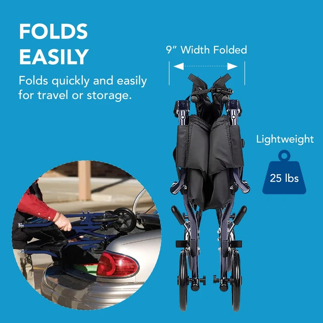 Alt view image 4 of 7 - Transport Wheelchair With 19 inch Seat, Folding Transport Chair with Foot Rests, Foldable Lightweight Wheelchair Foldable for Storage and Travel