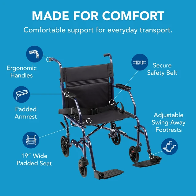 Alt view image 6 of 7 - Transport Wheelchair With 19 inch Seat, Folding Transport Chair with Foot Rests, Foldable Lightweight Wheelchair Foldable for Storage and Travel