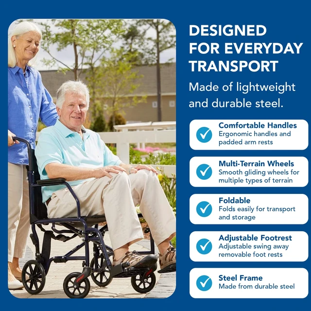 Alt view image 5 of 7 - Transport Wheelchair With 19 inch Seat, Folding Transport Chair with Foot Rests, Foldable Lightweight Wheelchair Foldable for Storage and Travel