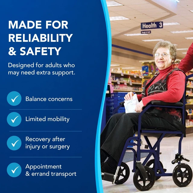 Alt view image 7 of 7 - Transport Wheelchair With 19 inch Seat, Folding Transport Chair with Foot Rests, Foldable Lightweight Wheelchair Foldable for Storage and Travel