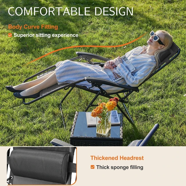 Alt view image 3 of 7 - Zero Gravity Chairs Set of 2, Outdoor Folding Patio Lounge Chair with Cup Holder Tray, Portable Beach Camping Recliner for Poolside, Garden, Backyard, Lawn, Solid Black