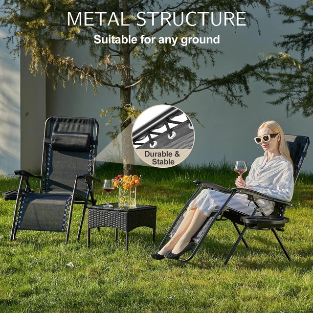 Alt view image 5 of 7 - Zero Gravity Chairs Set of 2, Outdoor Folding Patio Lounge Chair with Cup Holder Tray, Portable Beach Camping Recliner for Poolside, Garden, Backyard, Lawn, Solid Black