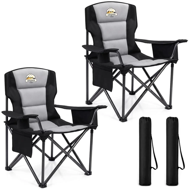 Main image of Oversized Heavy Duty Camping Chairs, 2 Pack, 450 lb, Black | Portable outdoor chairs with padded seat, cooler bag, cup holder, side pocket and carry bag for lawn, camp, sports, fishing.