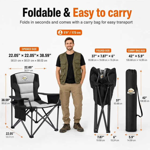 Alt view image 5 of 7 - Oversized Heavy Duty Camping Chairs, 2 Pack, 450 lb, Black | Portable outdoor chairs with padded seat, cooler bag, cup holder, side pocket and carry bag for lawn, camp, sports, fishing.