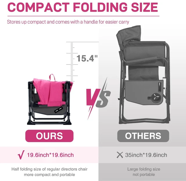 Alt view image 2 of 7 - Camping Directors' Chair with Side Table, Portable Folding with Compact Size, Heavy Duty Lawn Chair with Pocket for Camping, Lawn, Sports and Fishing, 400lbs, Pink