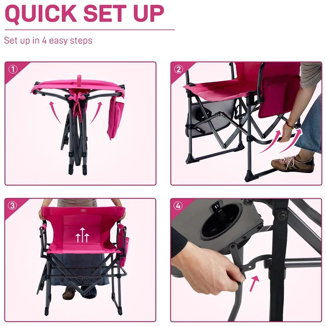 Alt view image 4 of 7 - Camping Directors' Chair with Side Table, Portable Folding with Compact Size, Heavy Duty Lawn Chair with Pocket for Camping, Lawn, Sports and Fishing, 400lbs, Pink