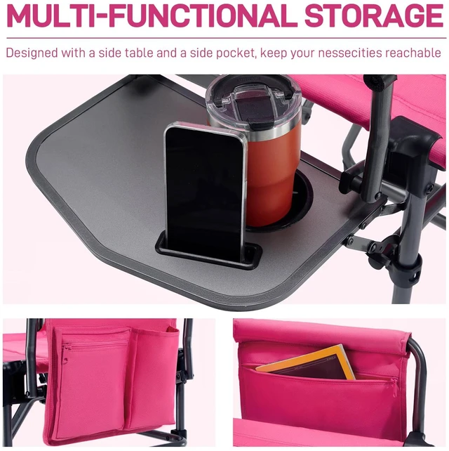 Alt view image 5 of 7 - Camping Directors' Chair with Side Table, Portable Folding with Compact Size, Heavy Duty Lawn Chair with Pocket for Camping, Lawn, Sports and Fishing, 400lbs, Pink