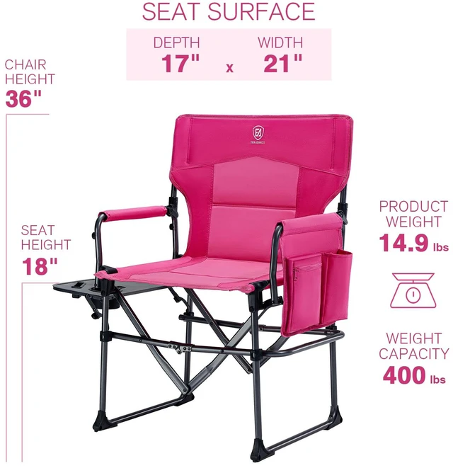 Alt view image 7 of 7 - Camping Directors' Chair with Side Table, Portable Folding with Compact Size, Heavy Duty Lawn Chair with Pocket for Camping, Lawn, Sports and Fishing, 400lbs, Pink