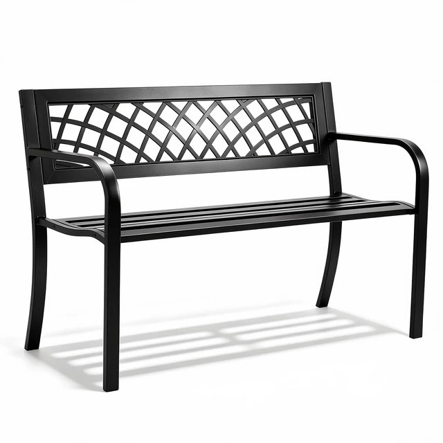 Main image of Outdoor Bench, 46" Iron Steel Frame Garden Park Bench with Mesh Pattern and Plastic Backrest Armrests, Patio Bench for Garden, Park, Yard, Front Porch