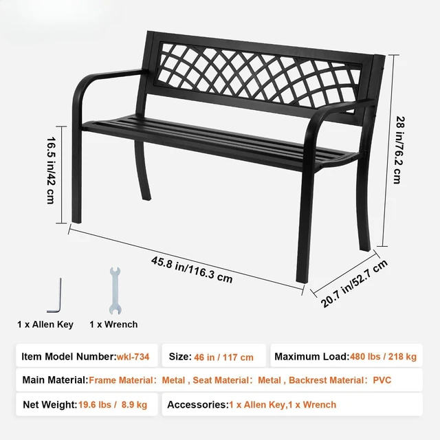 Alt view image 7 of 7 - Outdoor Bench, 46" Iron Steel Frame Garden Park Bench with Mesh Pattern and Plastic Backrest Armrests, Patio Bench for Garden, Park, Yard, Front Porch