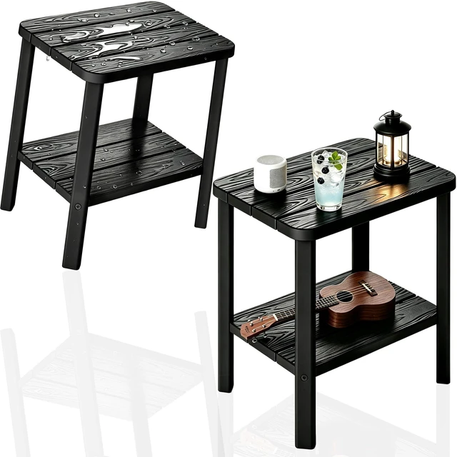 Main image of Adirondack Square Outdoor Side Table, 2-Tier Storage Weather Resistant HDPE Resin End Table, Small Side Table for Patio, Garden, Balcony, Deck, Porch, Backyard, Poolside (Jet Black, 2 PCS)