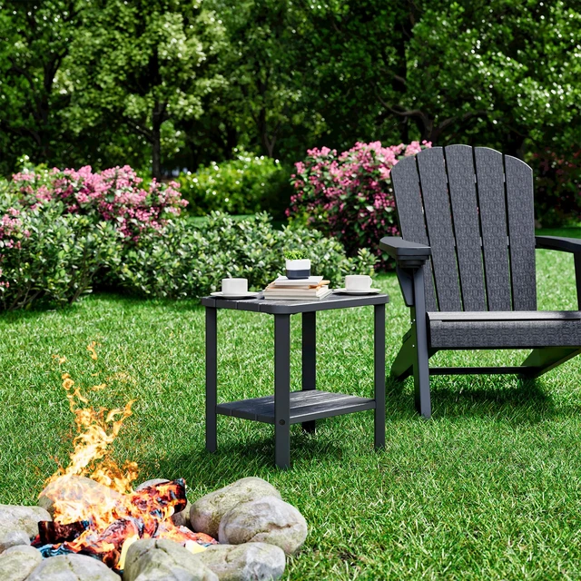 Alt view image 6 of 7 - Adirondack Square Outdoor Side Table, 2-Tier Storage Weather Resistant HDPE Resin End Table, Small Side Table for Patio, Garden, Balcony, Deck, Porch, Backyard, Poolside (Jet Black, 2 PCS)