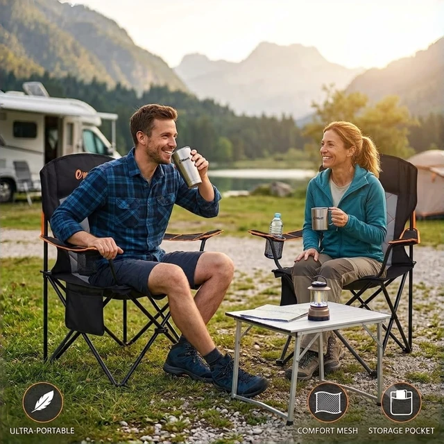 Alt view image 2 of 7 - 2-Pack Folding Camping Chair, Diamond-Quilted & Adjustable Armrest | 350lbs capacity, Higher backrest & higher seat for easy sit/stand, Cup holder, Carry bag, for Camping,Lawn, Beach