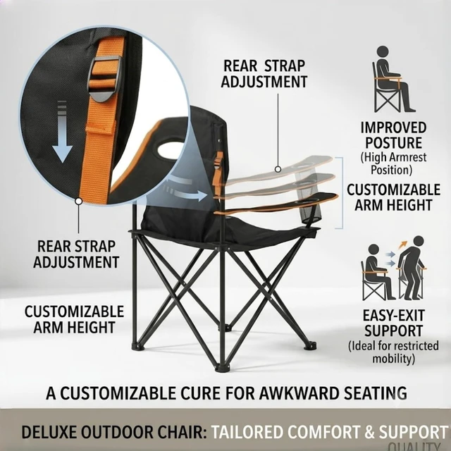 Alt view image 4 of 7 - 2-Pack Folding Camping Chair, Diamond-Quilted & Adjustable Armrest | 350lbs capacity, Higher backrest & higher seat for easy sit/stand, Cup holder, Carry bag, for Camping,Lawn, Beach