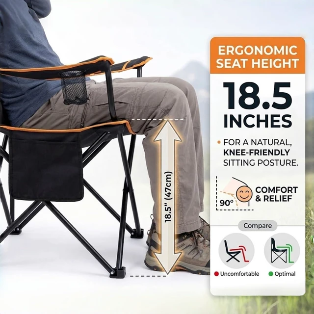 Alt view image 6 of 7 - 2-Pack Folding Camping Chair, Diamond-Quilted & Adjustable Armrest | 350lbs capacity, Higher backrest & higher seat for easy sit/stand, Cup holder, Carry bag, for Camping,Lawn, Beach