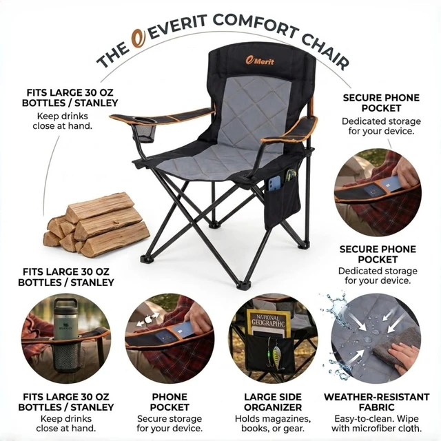 Alt view image 7 of 7 - 2-Pack Folding Camping Chair, Diamond-Quilted & Adjustable Armrest | 350lbs capacity, Higher backrest & higher seat for easy sit/stand, Cup holder, Carry bag, for Camping,Lawn, Beach