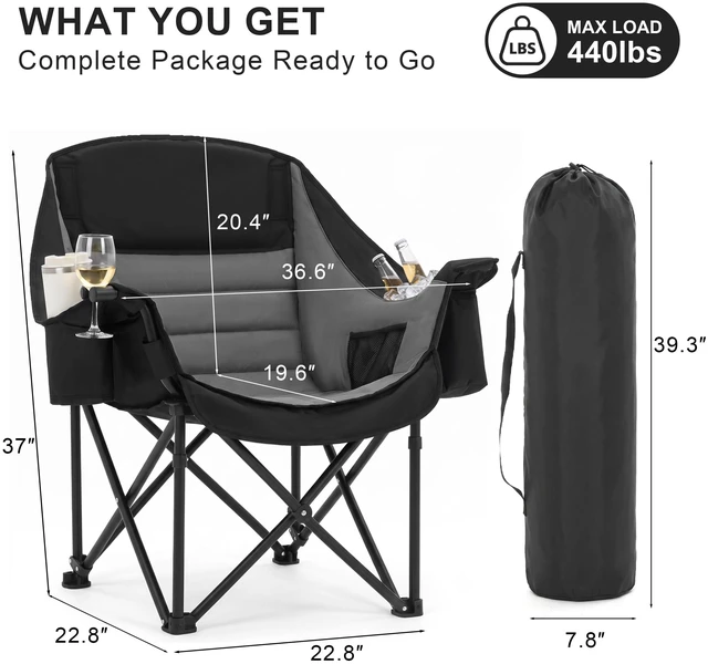 Alt view image 5 of 7 - Heavy Duty Padded Camping Chair for Adults, Oversized Outdoor Camping Chair | Capacity 450lbsLawn Chair with Cup Holder Cooler Pocket for Beach Outdoor Sports Fishing Garden