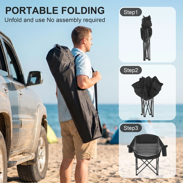 Alt view image 6 of 7 - Heavy Duty Padded Camping Chair for Adults, Oversized Outdoor Camping Chair | Capacity 450lbsLawn Chair with Cup Holder Cooler Pocket for Beach Outdoor Sports Fishing Garden