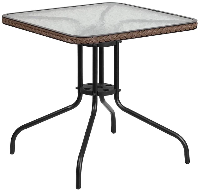 Main image of 28 in Tempered Glass Square Table, Dark Brown | Dark Brown Rattan Edging