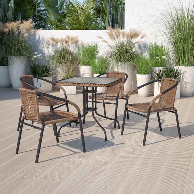 Alt view image 2 of 4 - 28 in Tempered Glass Square Table, Dark Brown | Dark Brown Rattan Edging