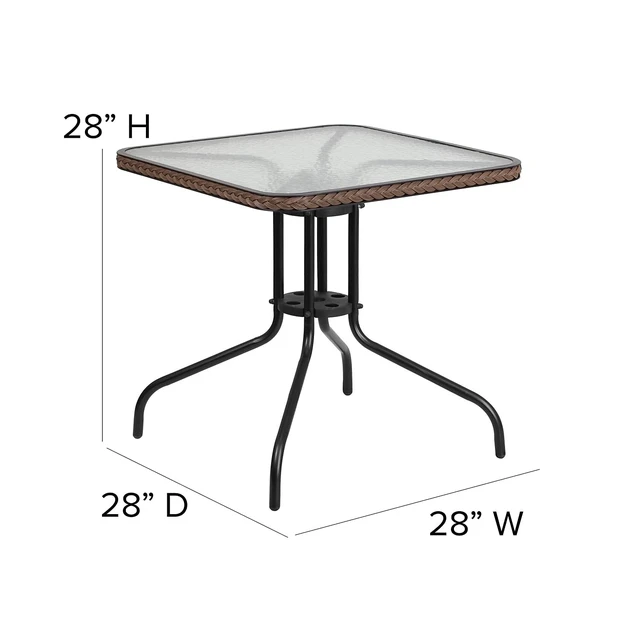 Alt view image 4 of 4 - 28 in Tempered Glass Square Table, Dark Brown | Dark Brown Rattan Edging