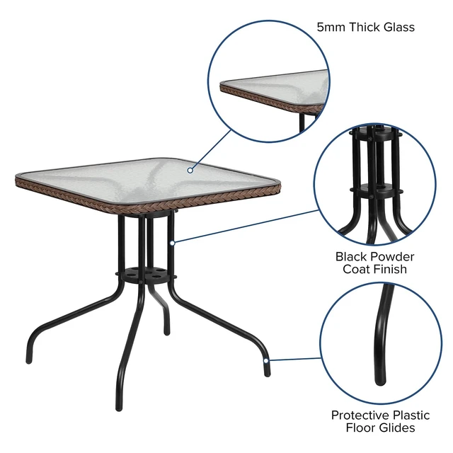 Alt view image 3 of 4 - 28 in Tempered Glass Square Table, Dark Brown | Dark Brown Rattan Edging