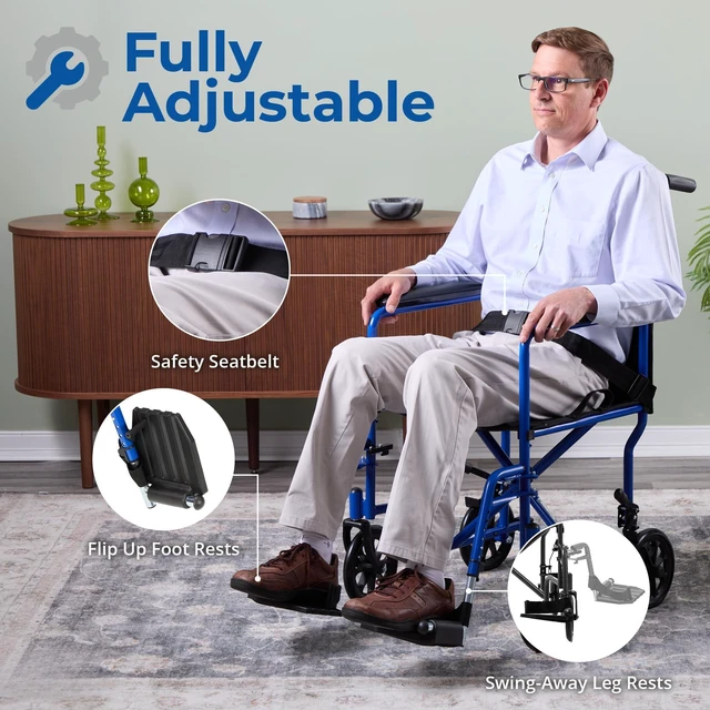 Alt view image 4 of 7 - Transport Wheelchair for Adults, Compact Lightweight Wheel Chair with Foldable Backrest, 19in Seat with Seatbelt, Swing-Away Footrests, Portable Steel Travel Transfer Chair