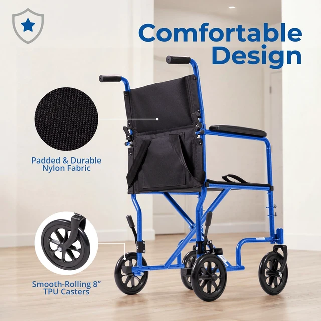 Alt view image 6 of 7 - Transport Wheelchair for Adults, Compact Lightweight Wheel Chair with Foldable Backrest, 19in Seat with Seatbelt, Swing-Away Footrests, Portable Steel Travel Transfer Chair