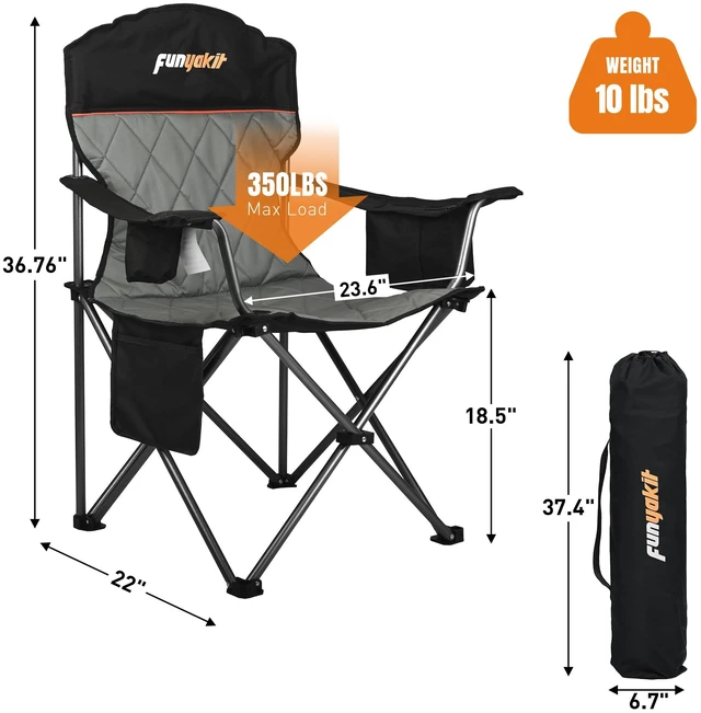 Alt view image 3 of 7 - Oversized Padded Camping Chairs with Lumbar Support& Cooler Bag | Heavy Duty 400LBS,Steel Frame,Cup Holder,Pocket,Sturdy Armrest,Reinforced Carry Bag,for Camping, Fishing, Lawn & Sports,Beach