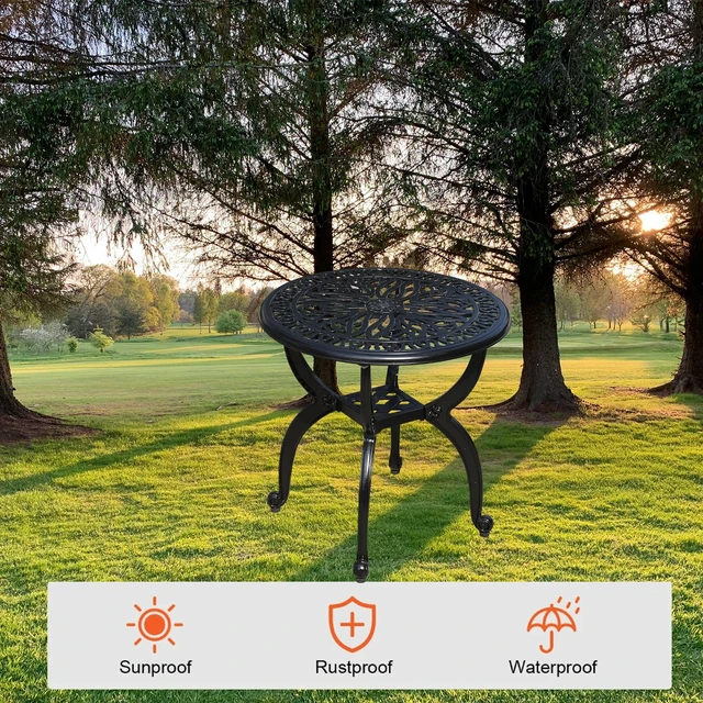 Alt view image 2 of 7 - Cast Aluminum Outdoor Side Table, All Weather Round Small Coffee Table for Patio,Park,Lawn,Yard (18.5" Black)
