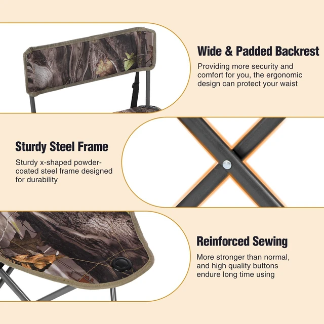 Alt view image 4 of 7 - 2 Pack Tripod Hunting Chairs for Blinds | Folding Lightweight Portable Fishing Chair for Adults Hunting Stools with Backrest, Golf Chairs for Spectators, Camo