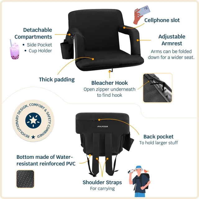 Alt view image 3 of 7 - Stadium Seats with Back Support for Bleachers Wide Bleacher Chairs with Thick Padded Cushion, Armrests, Side Pockets, & Shoulder Straps Best Portable Seat Chair for Sports Events