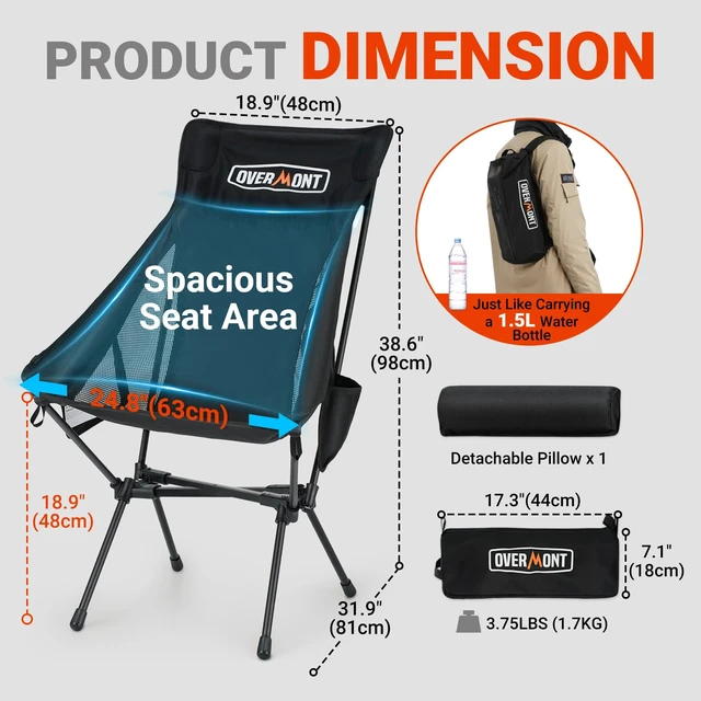 Alt view image 3 of 7 - Portable High-Back Camping Chair - 440LBS Support Oversized Lightweight Folding Backpacking Chair for Adults - Compact with Detachable Pillow for Outdoor Travel Hiking Beach Fishing