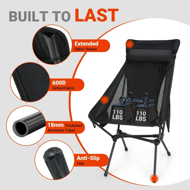 Alt view image 5 of 7 - Portable High-Back Camping Chair - 440LBS Support Oversized Lightweight Folding Backpacking Chair for Adults - Compact with Detachable Pillow for Outdoor Travel Hiking Beach Fishing
