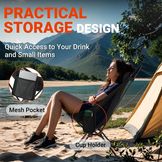 Alt view image 7 of 7 - Portable High-Back Camping Chair - 440LBS Support Oversized Lightweight Folding Backpacking Chair for Adults - Compact with Detachable Pillow for Outdoor Travel Hiking Beach Fishing