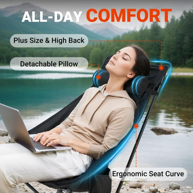 Alt view image 6 of 7 - Portable High-Back Camping Chair - 440LBS Support Oversized Lightweight Folding Backpacking Chair for Adults - Compact with Detachable Pillow for Outdoor Travel Hiking Beach Fishing