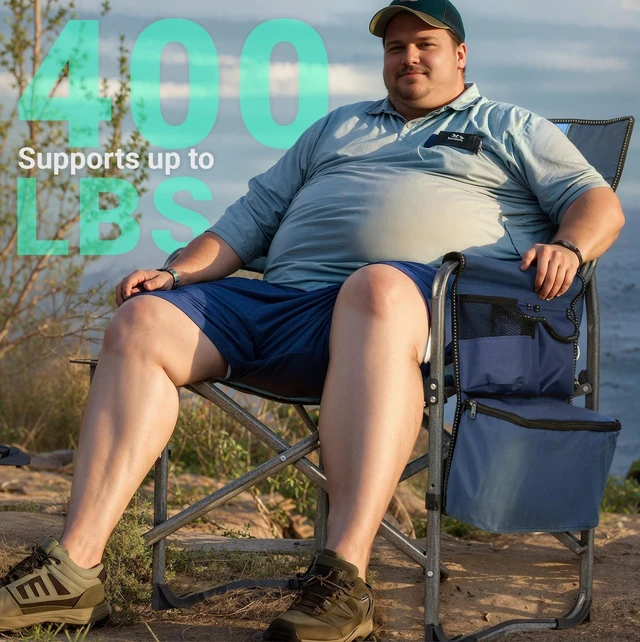 Alt view image 4 of 7 - Folding Camping Chair with Side Table, Cooler Bag, 400 lb Capacity | Oversized Directors Chair for Lawn, Beach, Picnics and Fishing, 600D Oxford, 11.8 lb, Shoulder Strap and Storage Pockets
