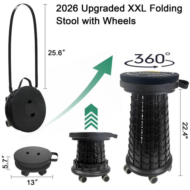 Alt view image 2 of 7 - Upgrade XXL Collapsilbe Stool with Wheels & Cushion, H 20.1, D 13 Heavy Duty Load Capacity 1000lbs, Portable Retractable Telescoping Folding Rolling Stool for Home, Office, Garage