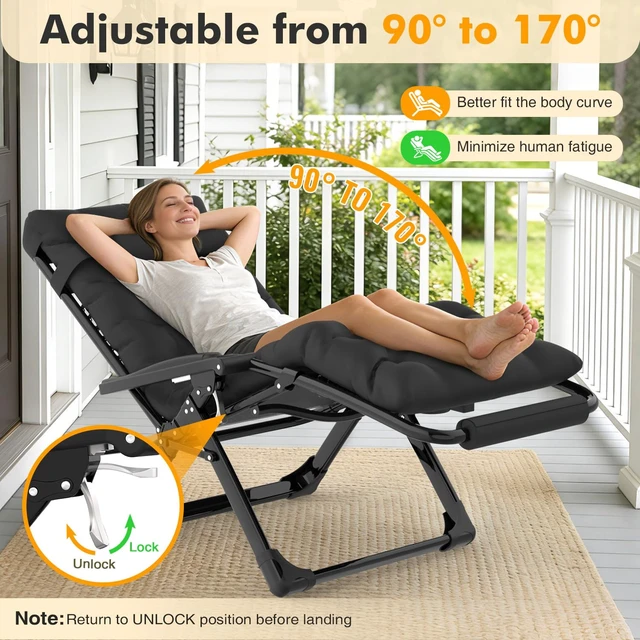 Alt view image 4 of 7 - Oversized Zero Gravity Chairs XL, 29in Padded Recliner Chair, Black | Reclining Lounge Chair, Folding Anti Gravity Chairs w/Aluminum Alloy Lock,Headrest,Cup Holder, Support 440lbs,for Lawn Patio