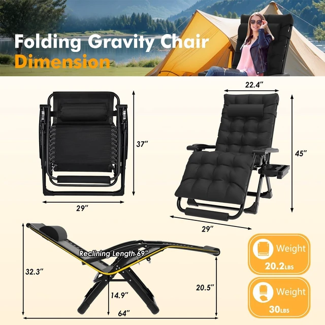 Alt view image 3 of 7 - Oversized Zero Gravity Chairs XL, 29in Padded Recliner Chair, Black | Reclining Lounge Chair, Folding Anti Gravity Chairs w/Aluminum Alloy Lock,Headrest,Cup Holder, Support 440lbs,for Lawn Patio